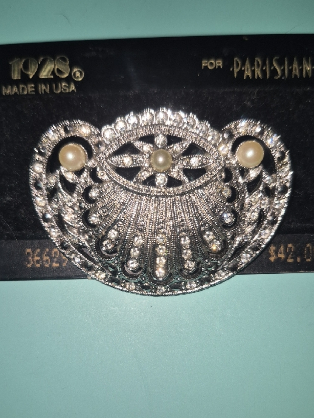 1928 For Parisian Works Silver-Tone, Crystal Faux Pearl Brooch New - Picture 5 of 6